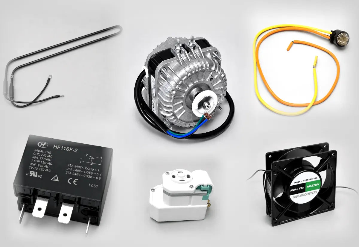 Fridge spare parts Australia: defrost heater, defrost thermostat, defrost timer, fan motors and relay
