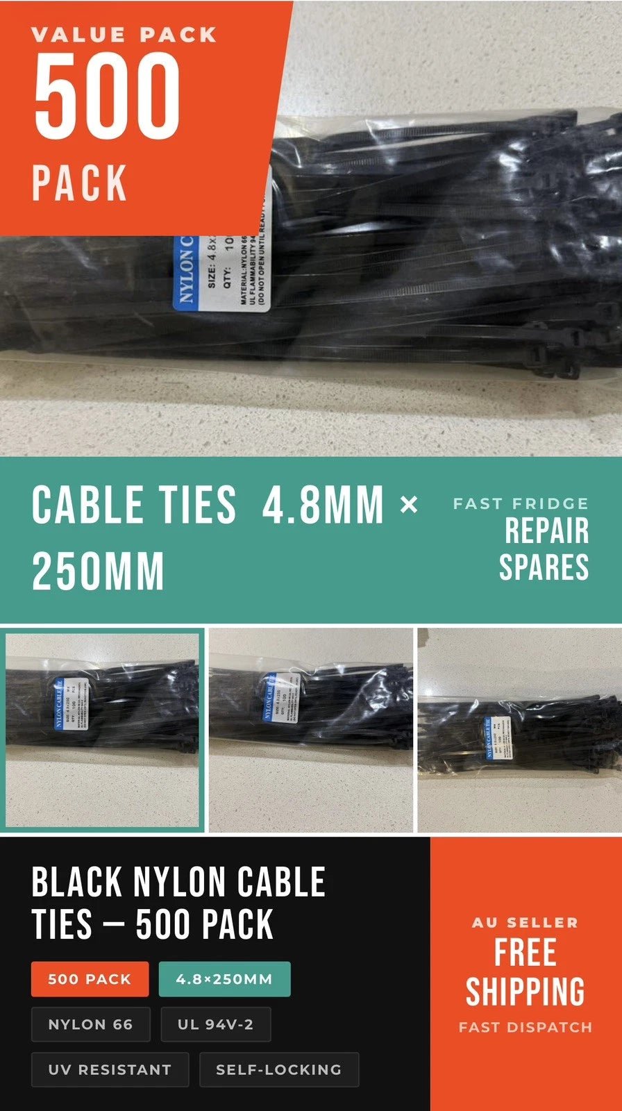 500 X Black Nylon Cable Ties Zip Ties UV Stabilised Nylon 66 - Fast Fridgespares